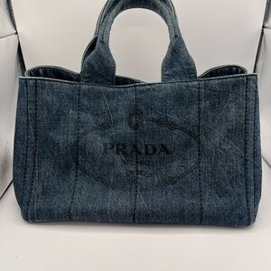 PRADA Canapa Canvas Tote Bag In Blue Denim